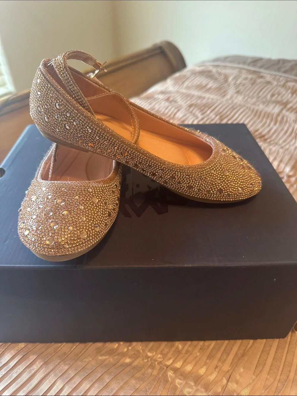 Link Girls' Rose Gold Glitter Crystal Ankle-Strap Flats